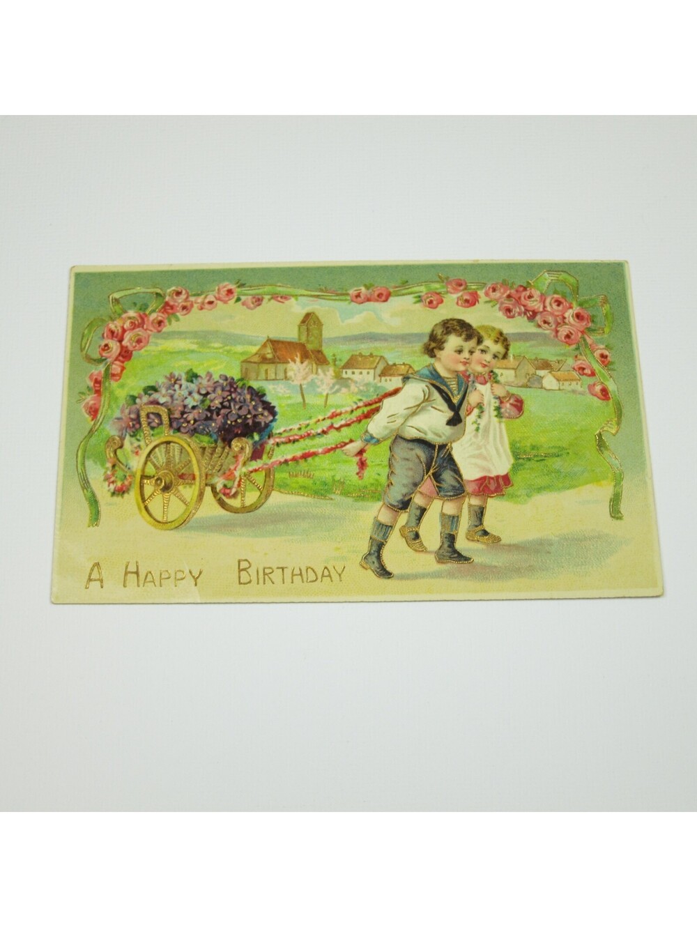 Postcard Birthday Greeting Antique Boy & Girl Pull Purple Flowers Cart UNPOSTED